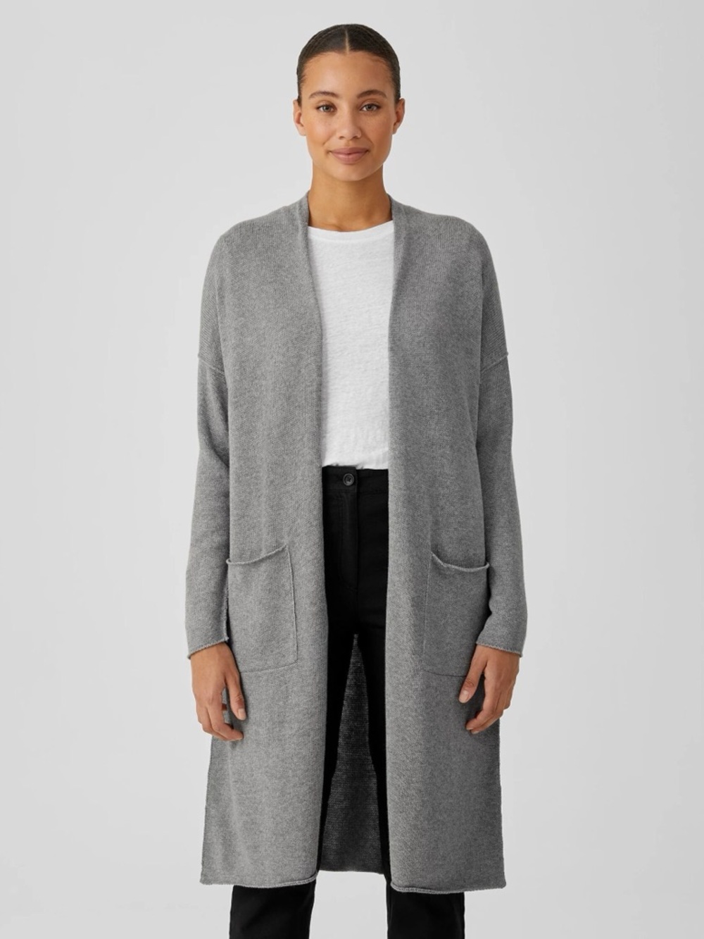 Eileen Fisher Peruvian Organic Cotton Blend Long Cardigan Gray Large